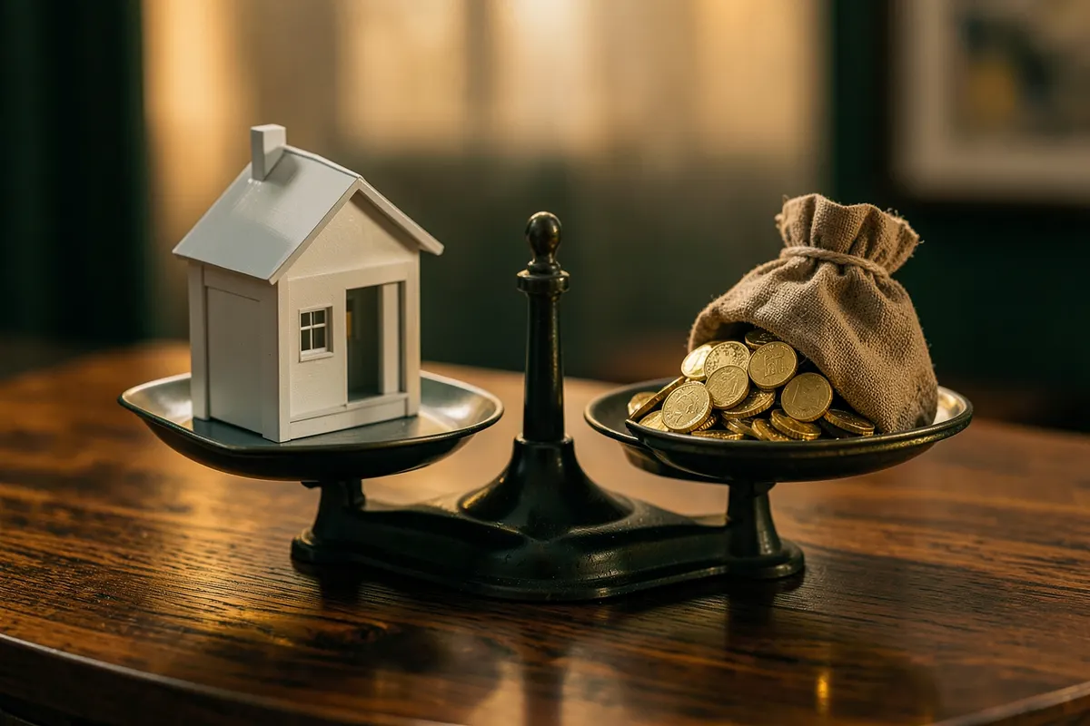 Uma balança antiga com um lado pesando uma casa de brinquedo e o outro pesando um saco de moedas douradas, sobre uma mesa de madeira.