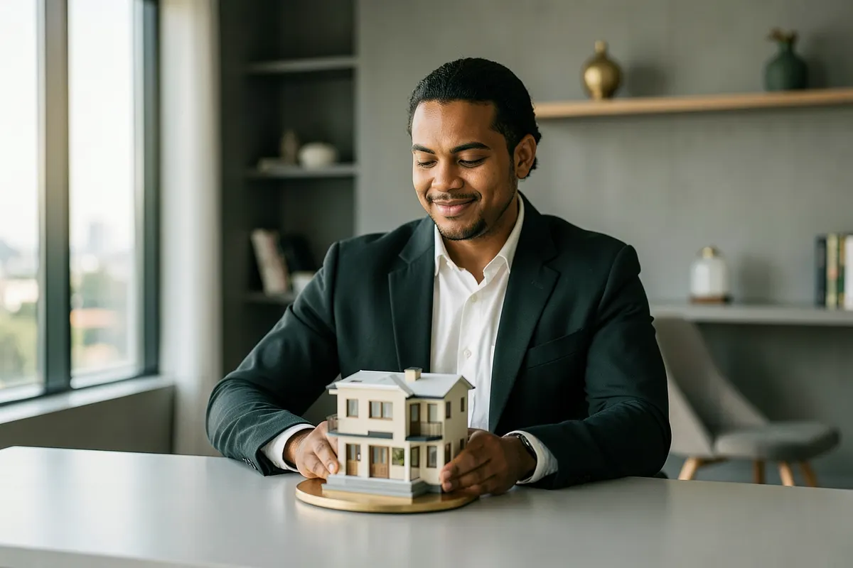 Uma pessoa em um ambiente de escritório moderno, olhando para um modelo de casa em miniatura com uma expressão de satisfação.