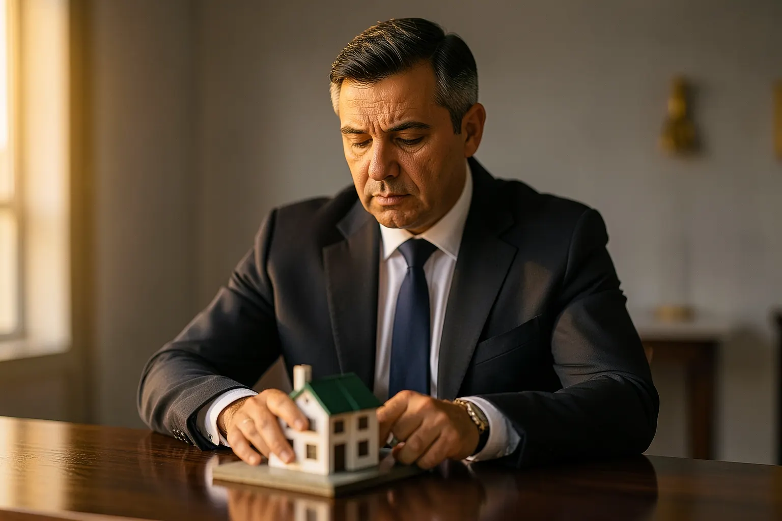 Um homem de meia-idade, com expressão pensativa, olhando para um modelo de casa em miniatura sobre uma mesa de madeira escura, com luz suave vindo da esquerda.