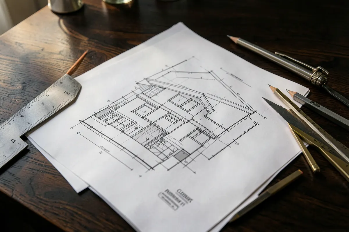 Uma planta baixa de uma casa moderna sendo desenhada em uma mesa de madeira escura, com ferramentas de arquitetura ao lado.