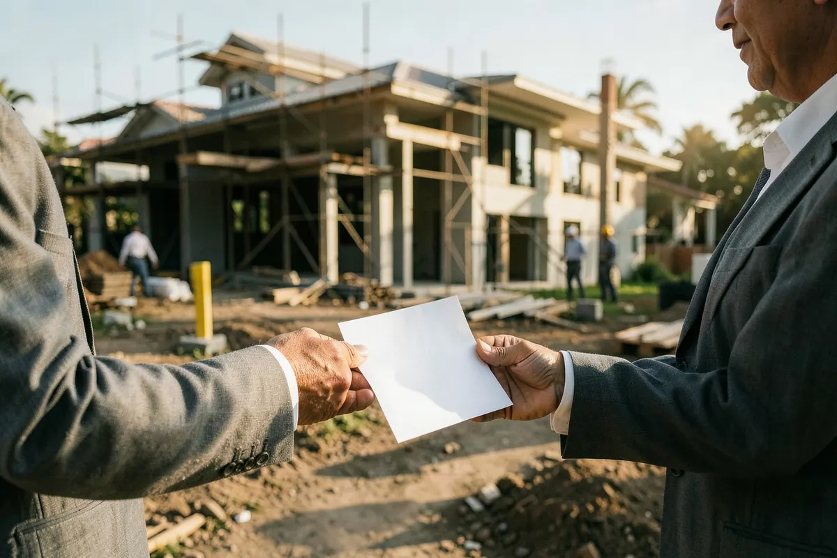Uma casa em construção com uma carta de crédito sendo entregue simbolicamente por uma mão em um terno cinza claro.