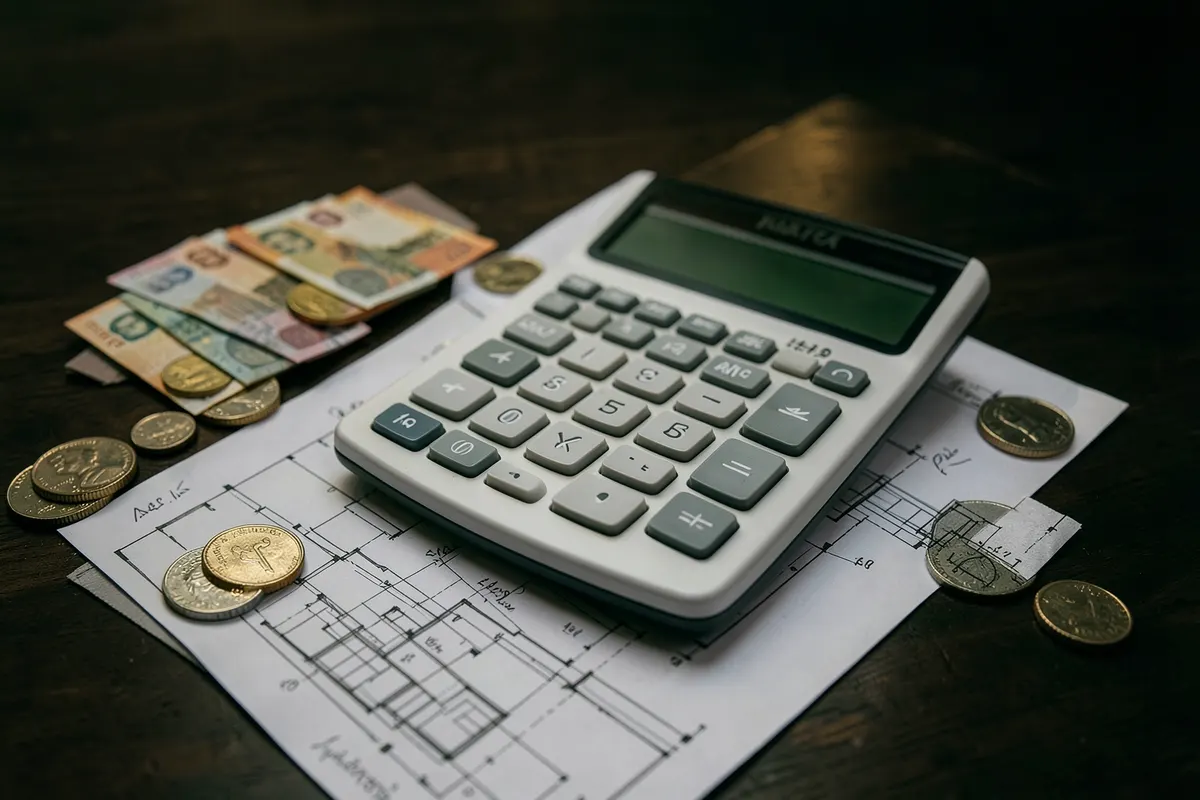 Uma calculadora com notas de dinheiro e moedas ao lado de uma planta baixa em uma mesa de madeira escura.