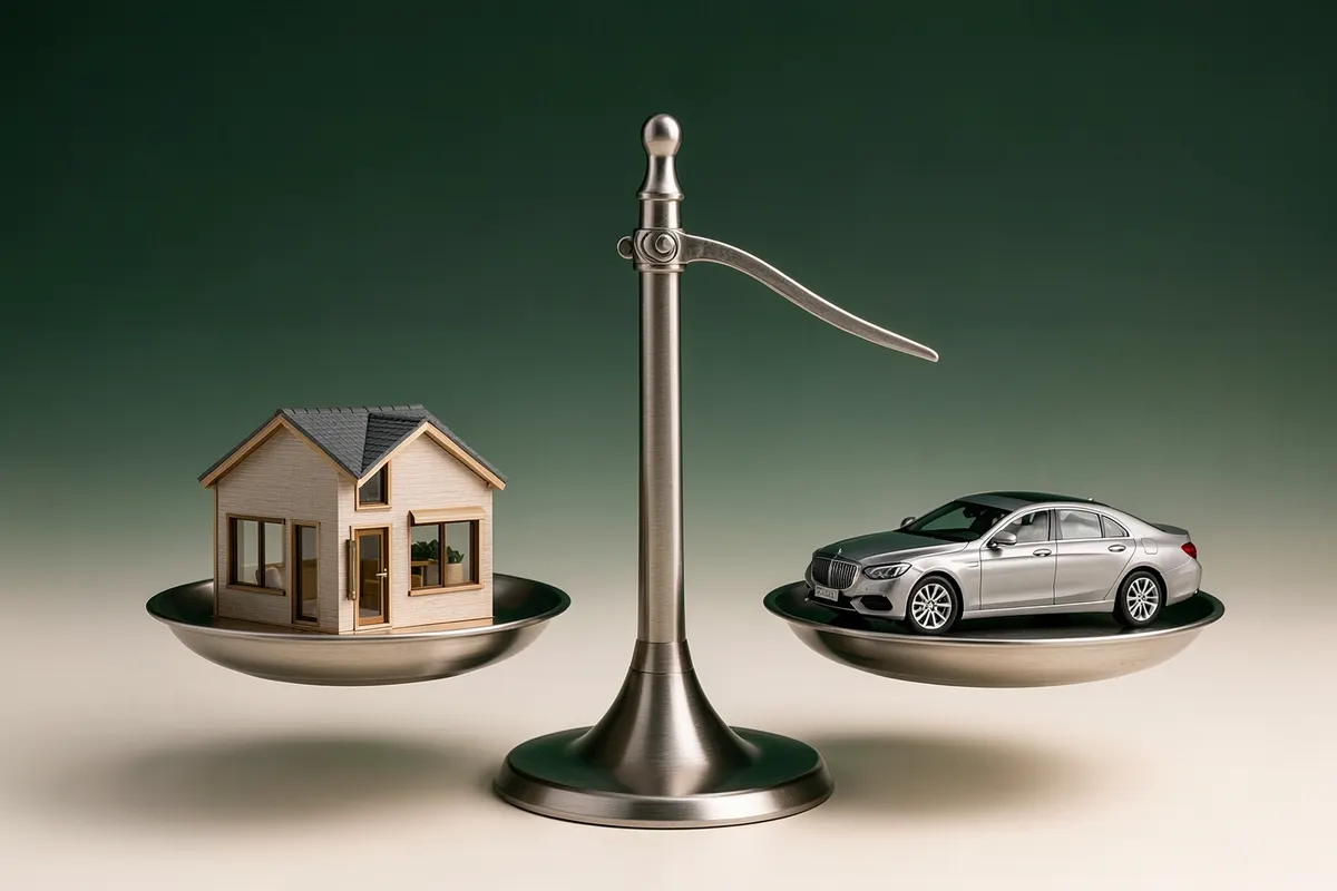 Uma balança com uma casa de um lado e um carro do outro, simbolizando escolhas de investimento.