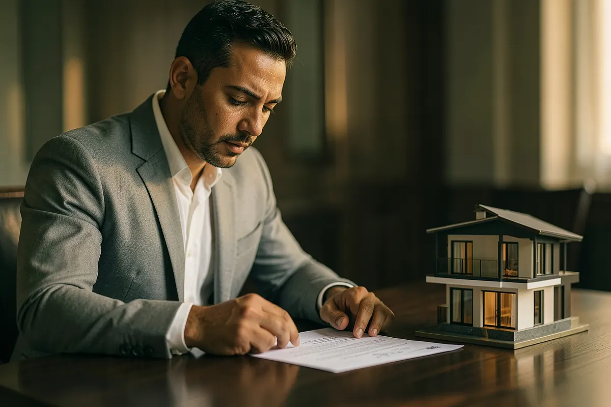 Um homem de terno cinza claro examinando um contrato em uma mesa de madeira escura, com uma pequena planta de casa ao lado.
