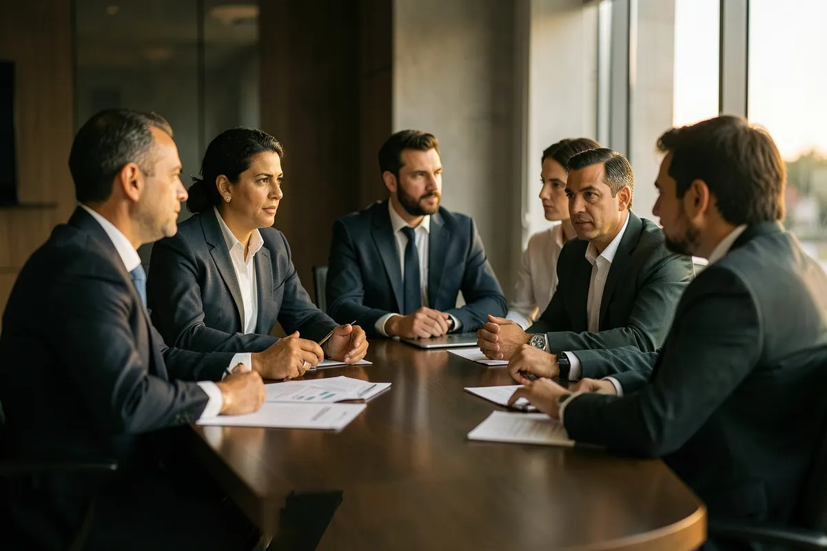 Um grupo de pessoas diversas e profissionais reunidas em torno de uma mesa em uma sala de reuniões moderna, discutindo planos com papéis e um laptop, com iluminação natural suave.