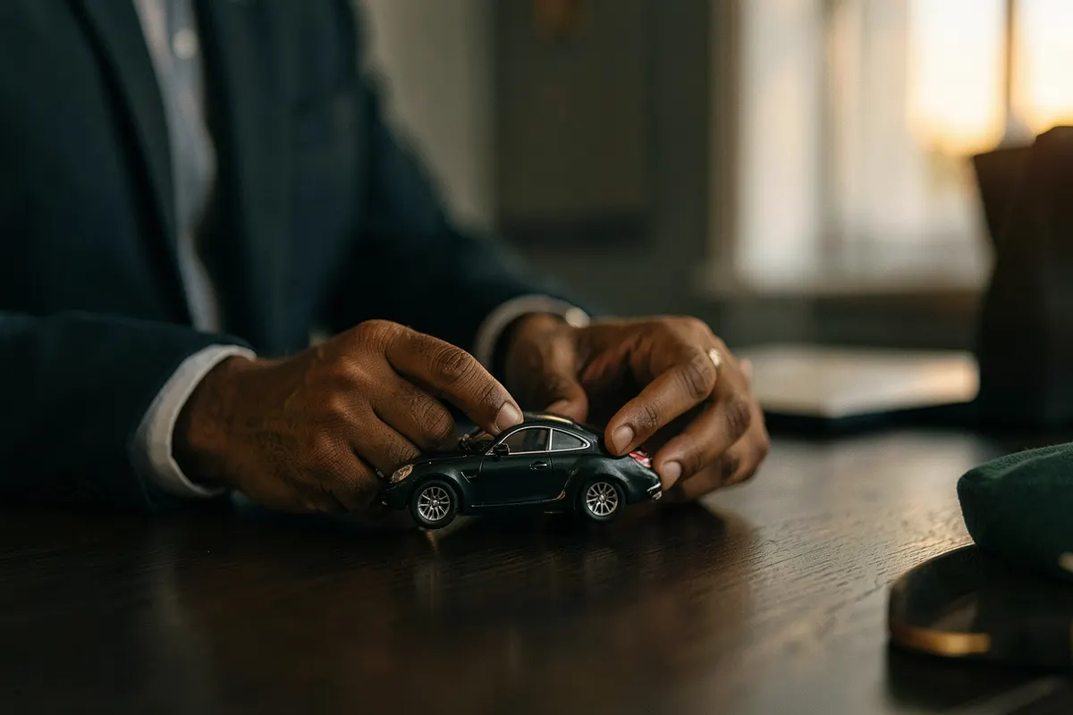 Uma pessoa pensativa olhando para um modelo de carro em miniatura sobre uma mesa de madeira escura, com luz suave vindo de cima, em um ambiente que sugere planejamento financeiro.