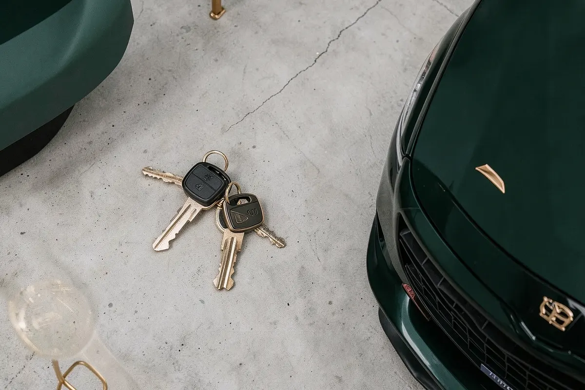 Uma composição elegante com chaves de carro premium, um pequeno detalhe de um carro esportivo verde-escuro e elementos dourados sobre um fundo de concreto claro, sugerindo aquisição e planejamento.