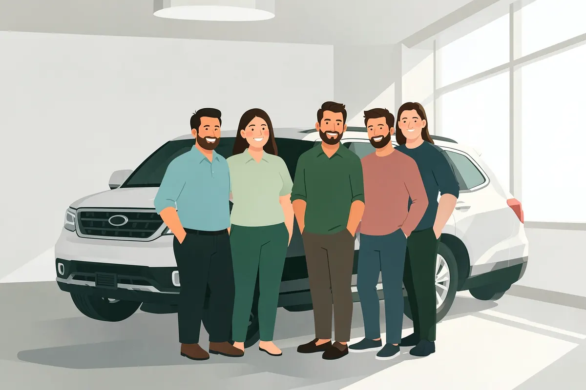 Um grupo de pessoas sorrindo reunidas em volta de um carro novo em uma concessionária