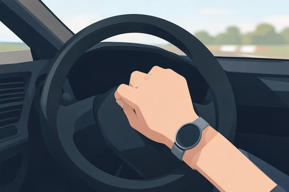 Uma mão segurando um volante de carro com um fundo desfocado de estrada