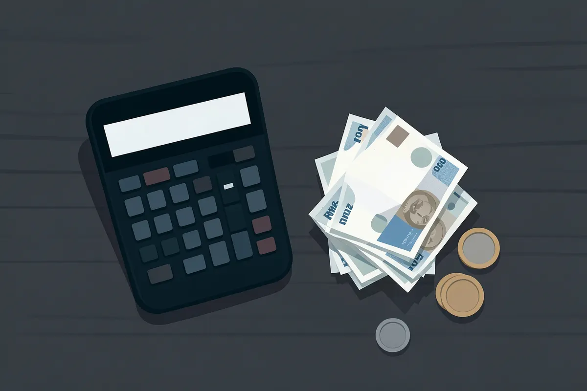 Uma calculadora ao lado de algumas notas de dinheiro e moedas em uma mesa de madeira
