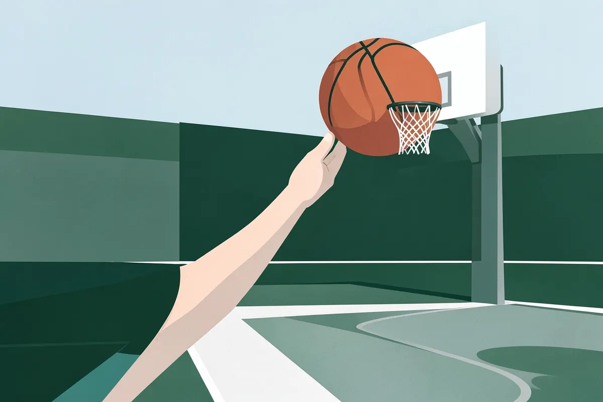Uma pessoa jogando uma bola de basquete em uma cesta em um dia ensolarado