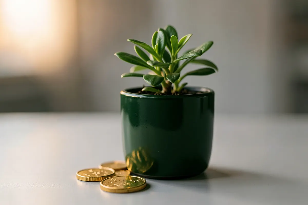 Close-up de uma planta crescendo em um vaso elegante, com moedas douradas ao redor, simbolizando investimento e patrimônio.