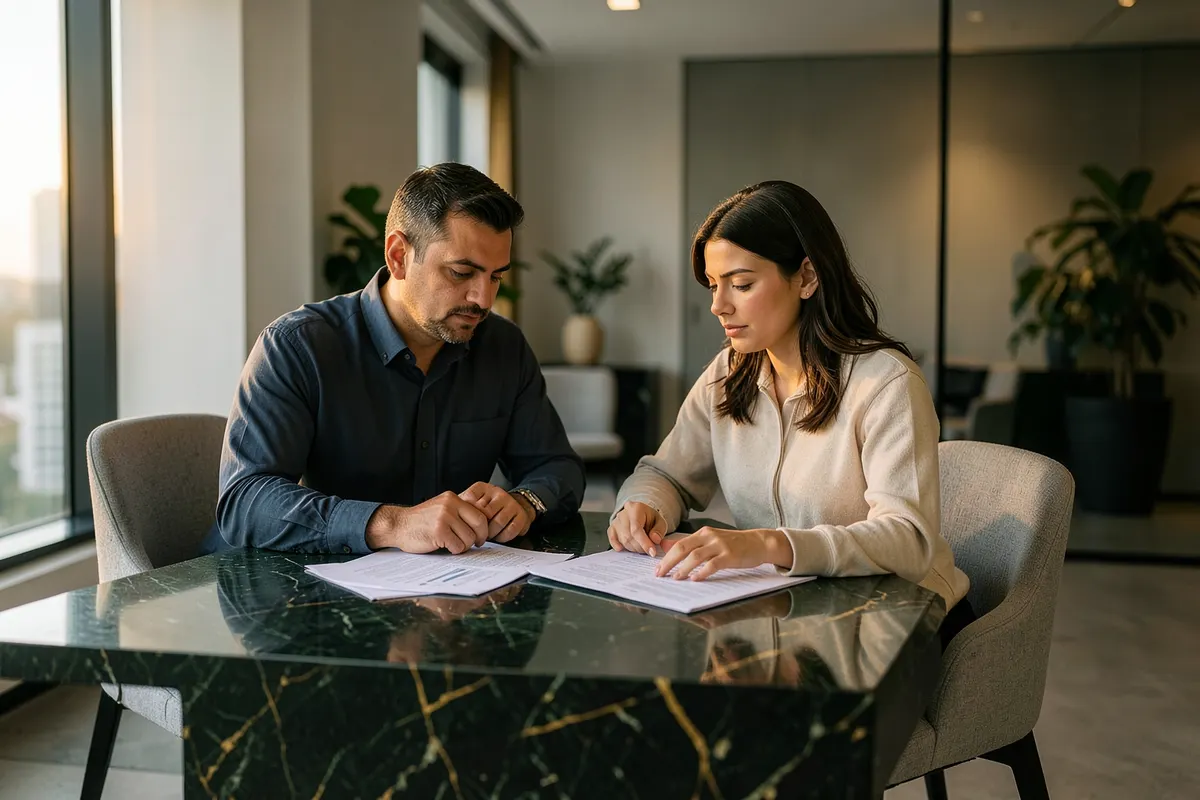 Duas pessoas em um escritório moderno discutindo documentos sobre consórcios e financiamentos, com elementos de planejamento financeiro em tons de verde escuro, branco e dourado.