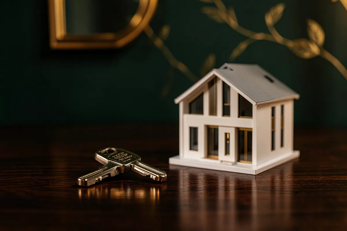 Uma composição elegante com uma chave de carro premium e um pequeno modelo de casa sobre uma superfície de madeira escura, com detalhes em dourado.