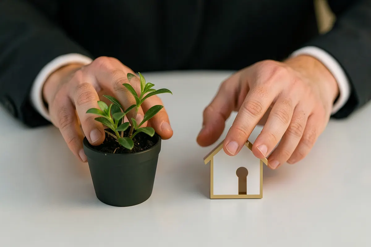 Uma pessoa escolhendo entre duas opções simbólicas: uma planta crescendo (consorcio) e uma casa com chave (financiamento), em um ambiente clean.