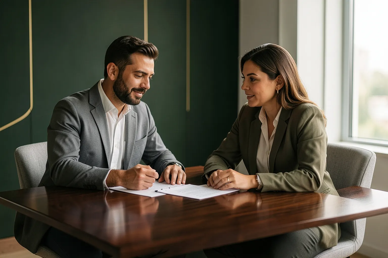 Duas pessoas em um escritório moderno discutindo documentos sobre consórcios e financiamentos, com elementos de planejamento financeiro em tons de verde escuro, branco e dourado.