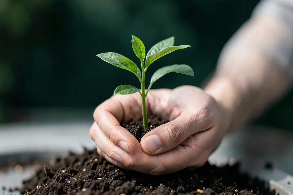 Mão segurando uma planta crescendo em solo fértil, simbolizando investimento e crescimento em consórcio imobiliário.