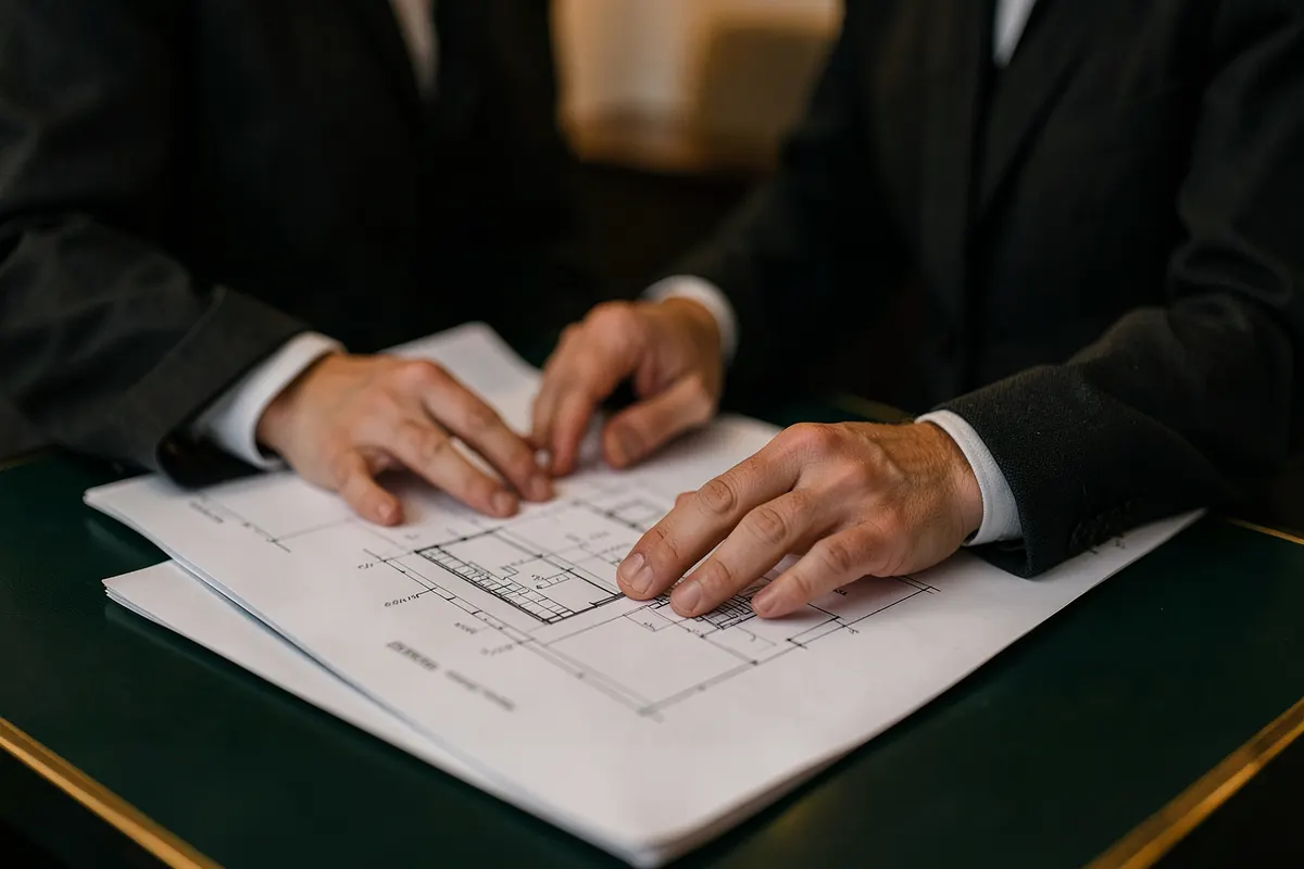 Pessoa analisando plantas arquitetônicas em uma mesa elegante com detalhes em dourado e verde escuro.