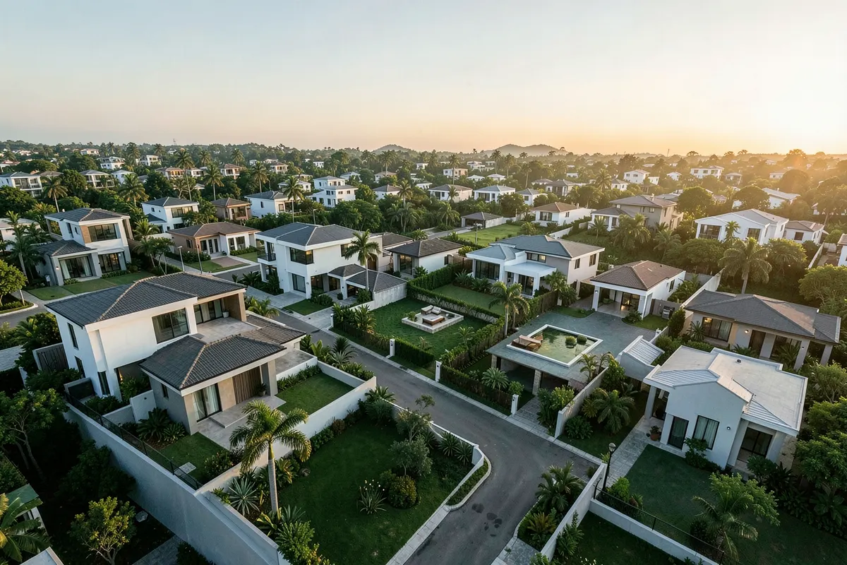 Vista aérea de um bairro residencial planejado com casas de alto padrão e áreas verdes.