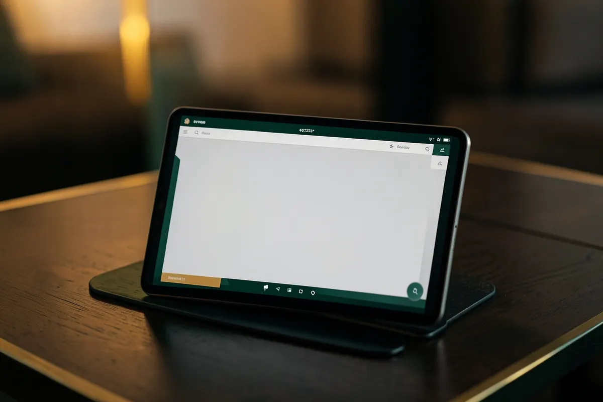 Simulador de consórcio em um tablet moderno sobre uma mesa de madeira escura, com detalhes em verde e dourado.