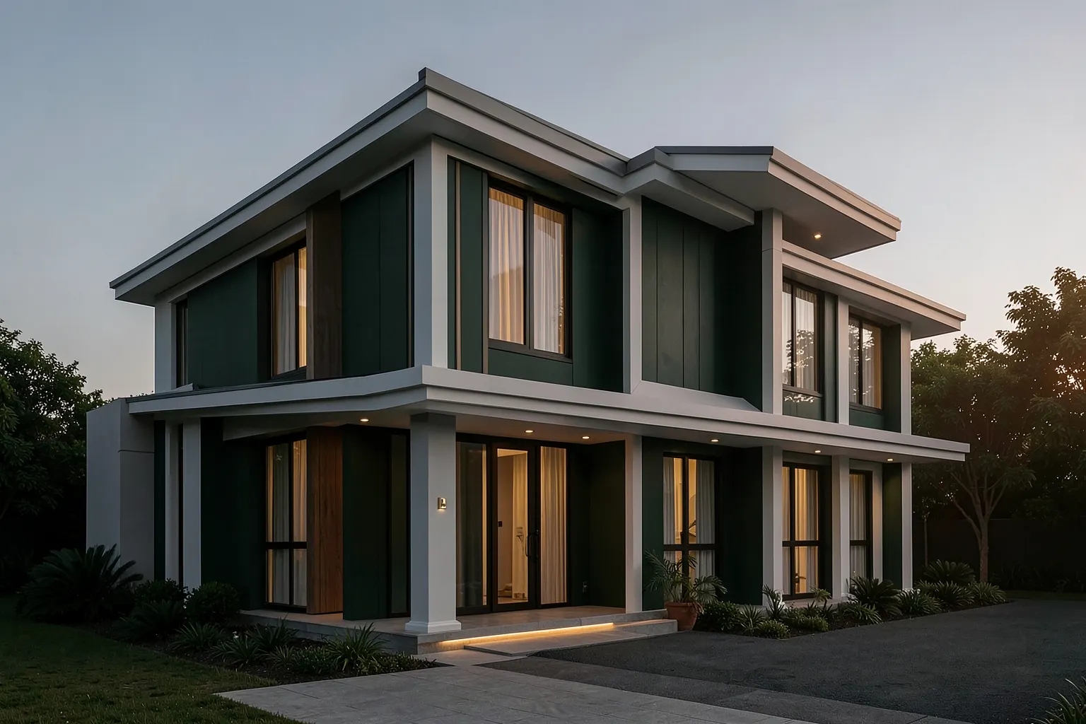 Fachada de casa moderna com detalhes em madeira e iluminação suave ao entardecer, com um toque de verde escuro e dourado.