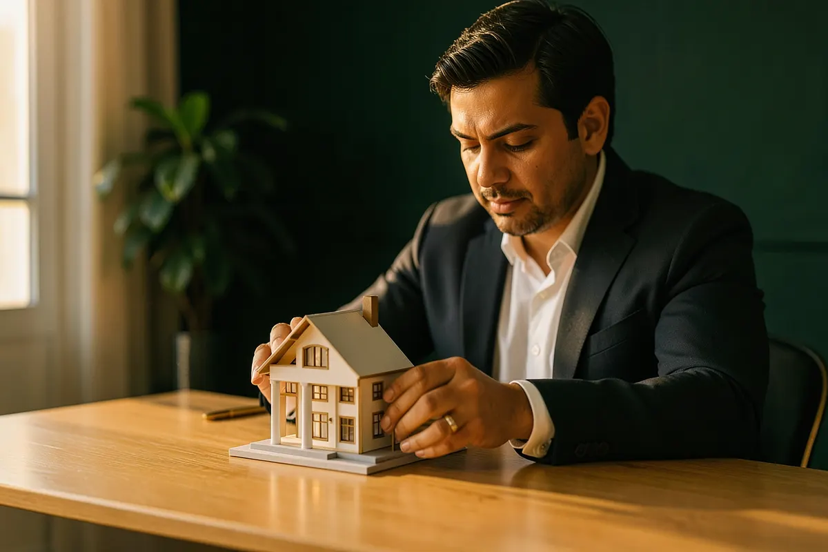 Uma pessoa pensativa olhando para um modelo de casa em miniatura, com elementos de planejamento financeiro ao redor.