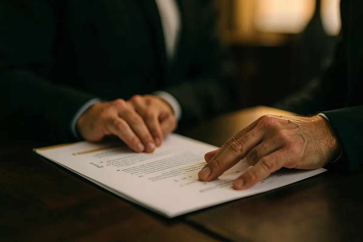 Uma pessoa analisando documentos em uma mesa com iluminação suave, transmitindo confiança e profissionalismo.