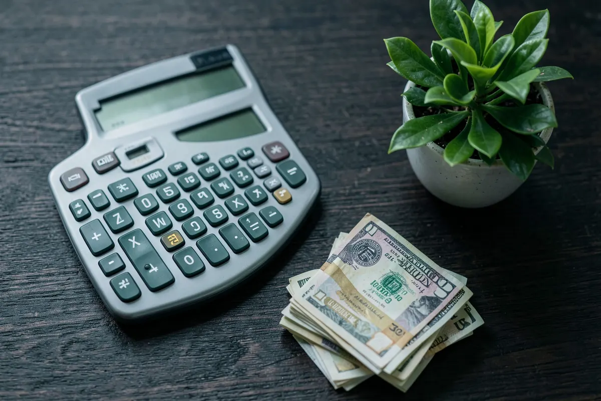 Uma calculadora com notas de dinheiro e uma planta pequena em uma mesa de madeira escura.
