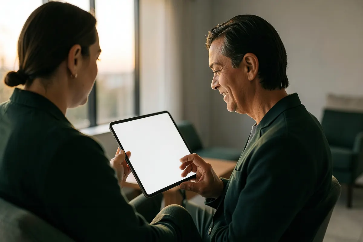 Uma pessoa escolhendo entre diferentes opções de imóveis em um tablet, com um fundo elegante.