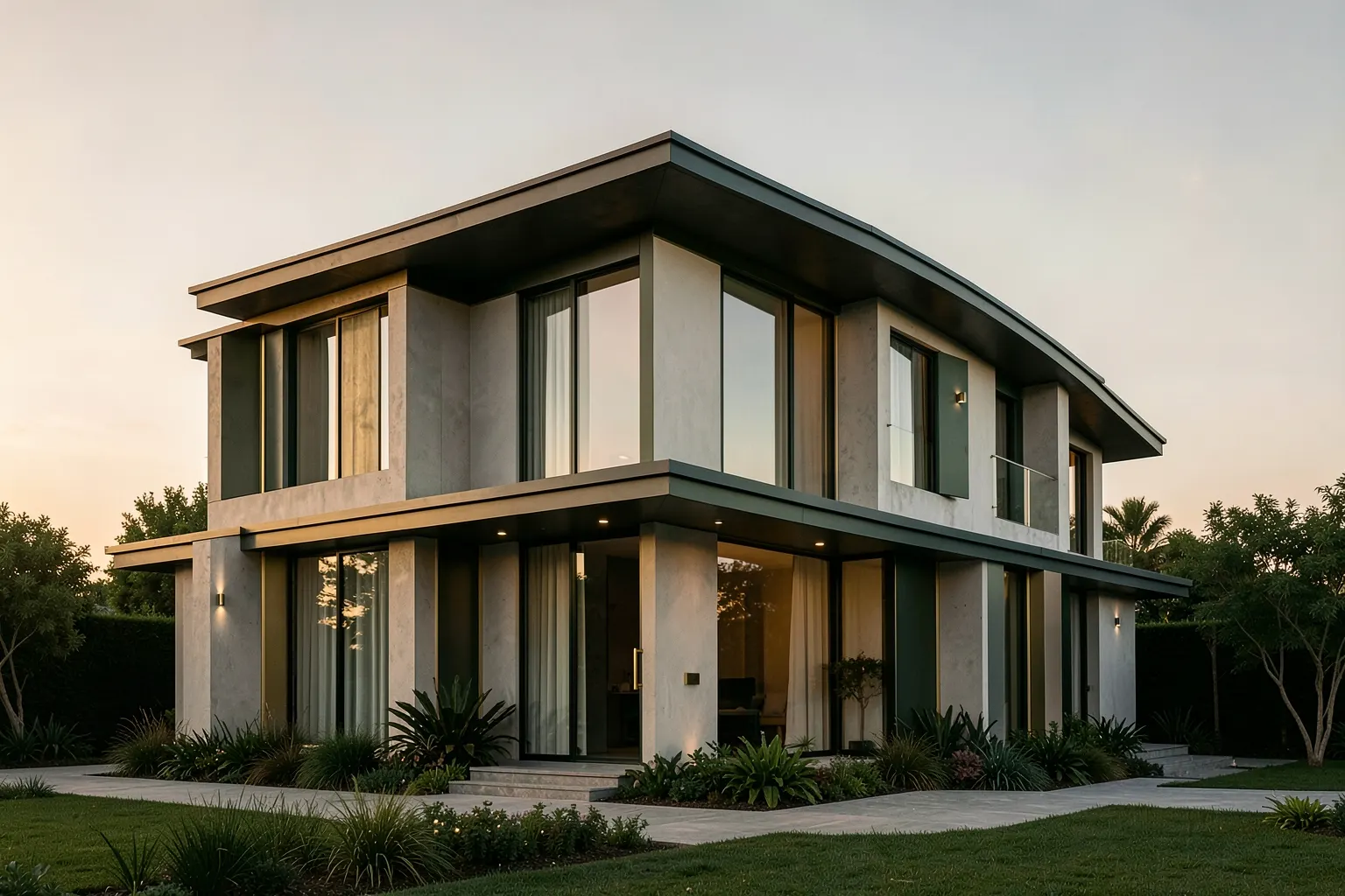 Uma casa moderna com detalhes em dourado e verde escuro, em um ambiente limpo e sofisticado.