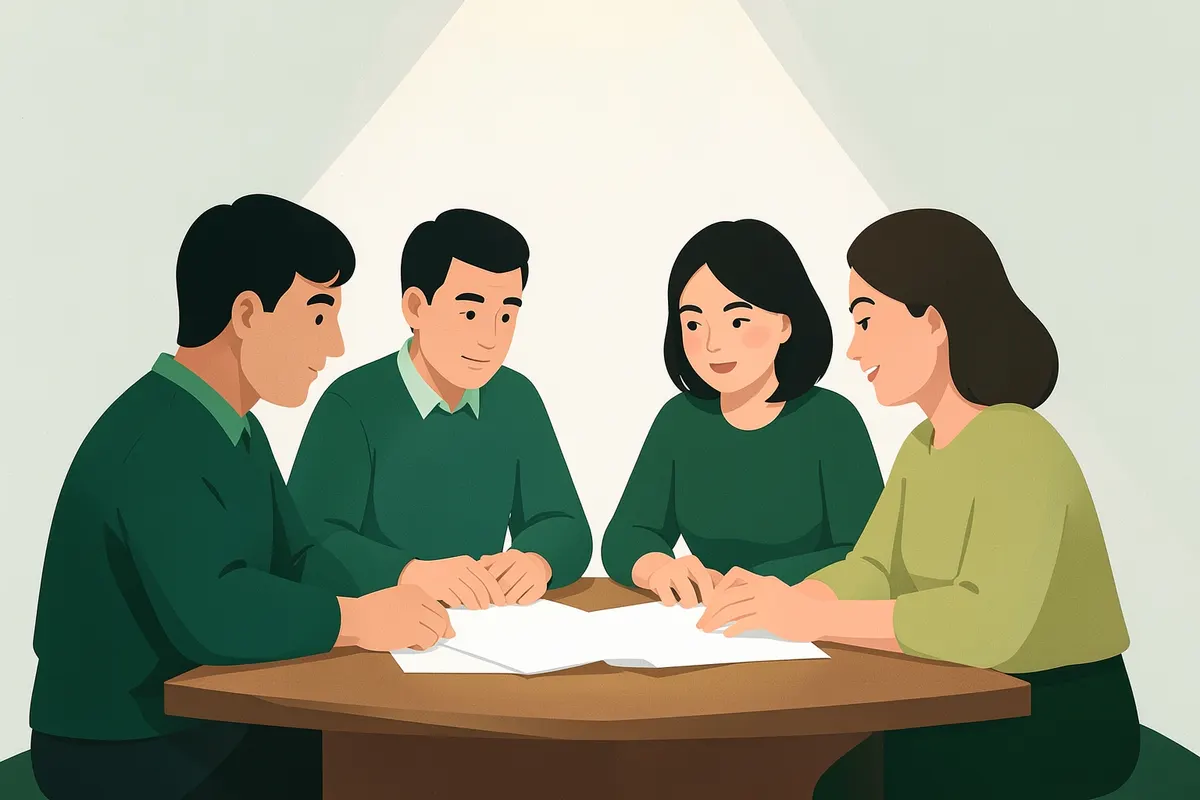 Grupo de pessoas reunidas em volta de uma mesa, olhando para um documento.