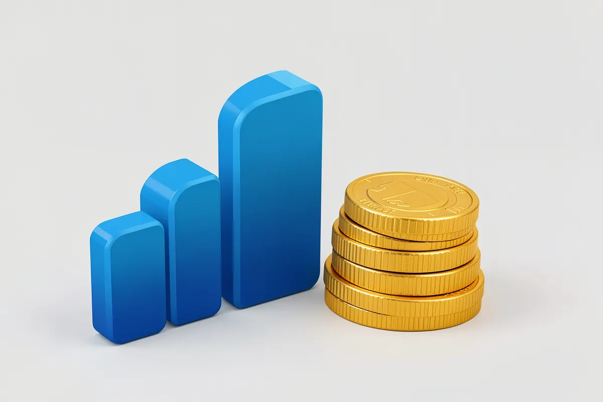 Gráfico de barras ascendente com moedas de ouro empilhadas ao lado.