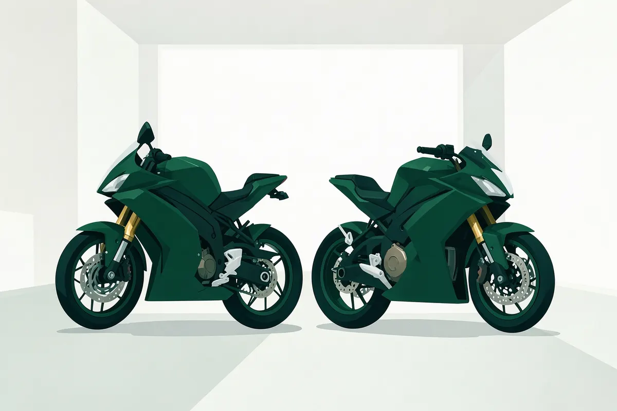 Duas motocicletas lado a lado em uma concessionária.
