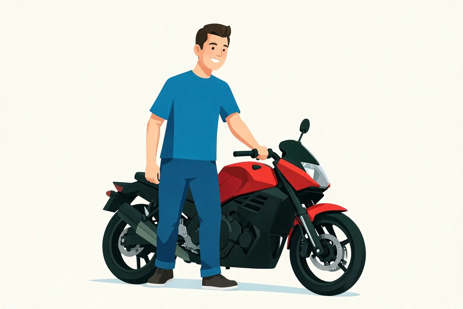 Homem sorrindo ao lado de uma motocicleta vermelha e preta, com capacete na mão.