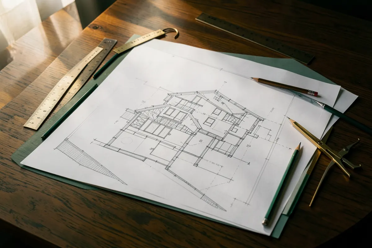 Planta baixa de uma casa sendo desenhada em uma mesa de madeira, com réguas e lápis.