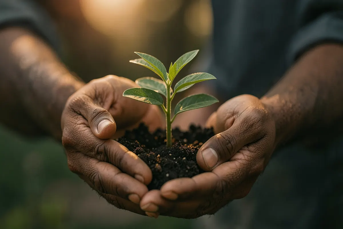 Mãos de uma pessoa segurando uma pequena planta crescendo em solo fértil, simbolizando investimento e crescimento.