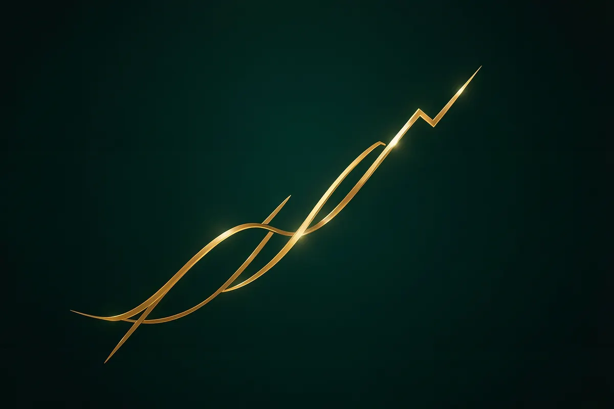 Gráfico abstrato com linhas verdes e douradas subindo, representando crescimento financeiro, sobre fundo escuro.