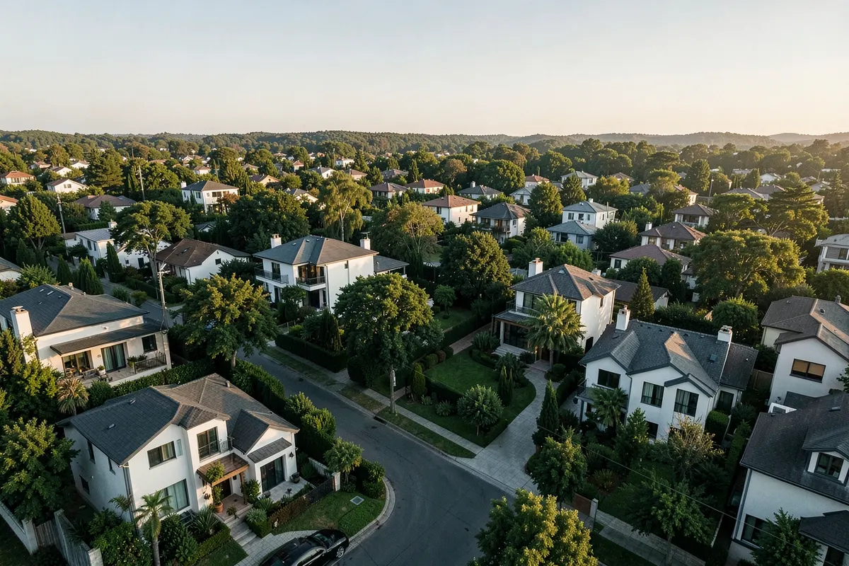 Vista aérea de um bairro residencial com casas bem cuidadas e ruas arborizadas.