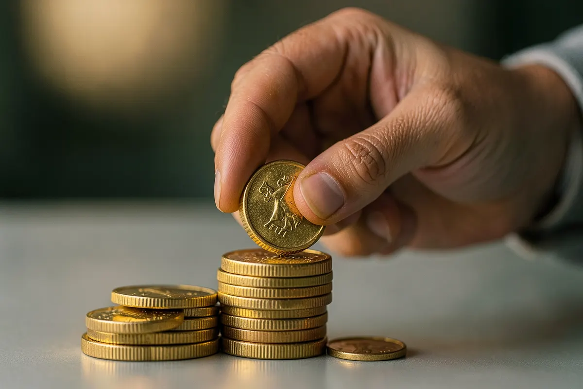 Mão colocando uma moeda dourada em uma pilha de moedas, simbolizando economia e FGTS.