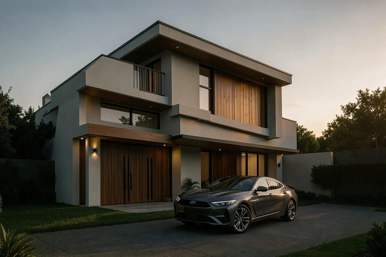 Fachada de casa moderna com detalhes em madeira e iluminação suave ao entardecer, com um carro premium estacionado na entrada.