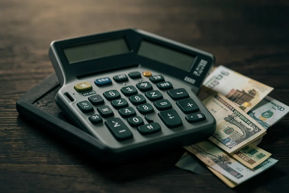 Uma calculadora antiga sobre um fundo de madeira escura, com algumas notas de dinheiro dobradas ao lado. A iluminação é focada na calculadora, criando sombras suaves. A cena é um detalhe focado nos objetos.