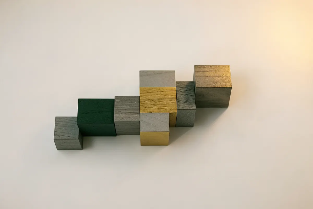 Um gráfico de barras simples e abstrato, feito de blocos de madeira empilhados em tons de cinza e dourado, sobre uma superfície branca. A iluminação é clara e uniforme, vinda de cima. A cena é uma vista de cima, mostrando a composição dos blocos.