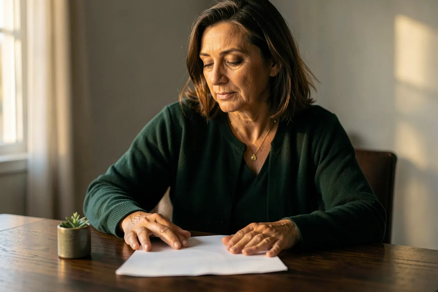 Uma mulher de meia-idade, com expressão pensativa, olhando para um documento em branco sobre uma mesa de madeira escura, com um pequeno vaso de planta verde ao lado. A iluminação é suave e natural, vinda de uma janela lateral. A cena é um close-up focado no rosto e nas mãos da mulher.