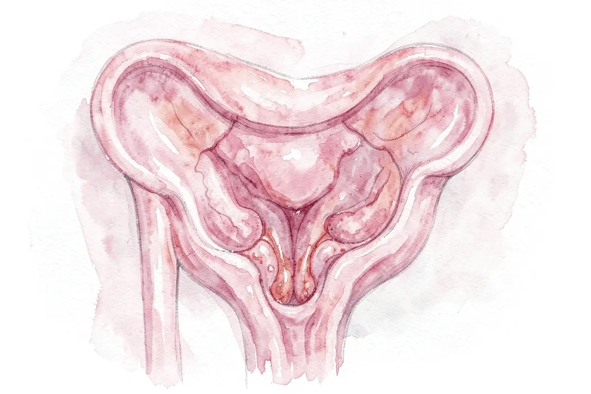 Close-up de um útero com aderências, representando a endometriose.