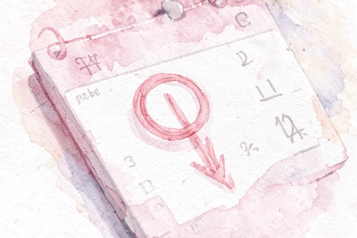 Close-up de um calendário com um círculo vermelho em um dia e uma seta apontando para baixo, simbolizando o ciclo menstrual.