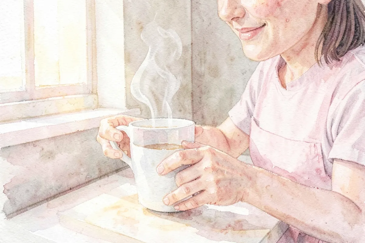 Mãos de uma mulher preparando uma xícara de chá fumegante, com um sorriso suave no rosto, em uma cozinha com luz natural.