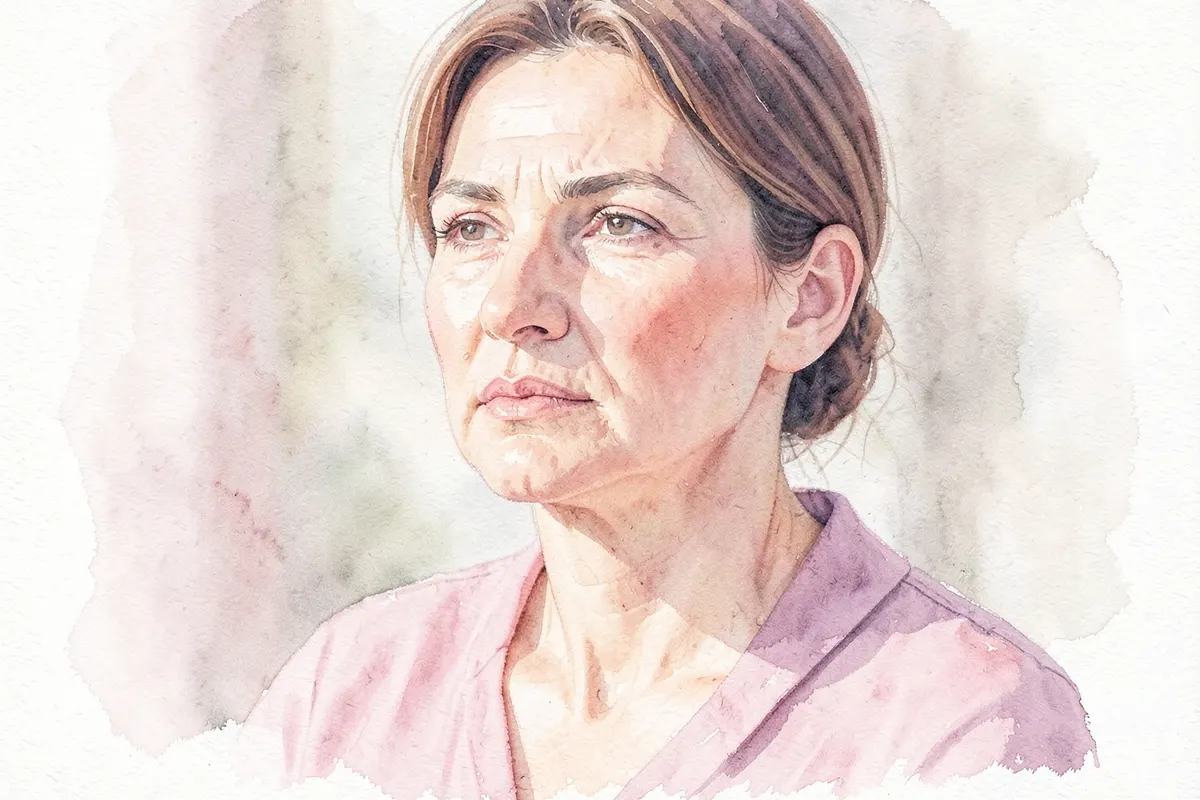 Close-up de uma mulher de meia-idade com expressão serena, com foco em seu rosto e ombros.