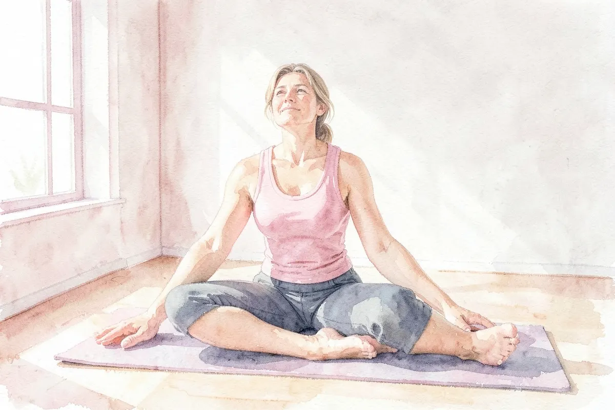 Mulher de meia-idade praticando yoga em um ambiente tranquilo e iluminado, com foco em sua postura relaxada.