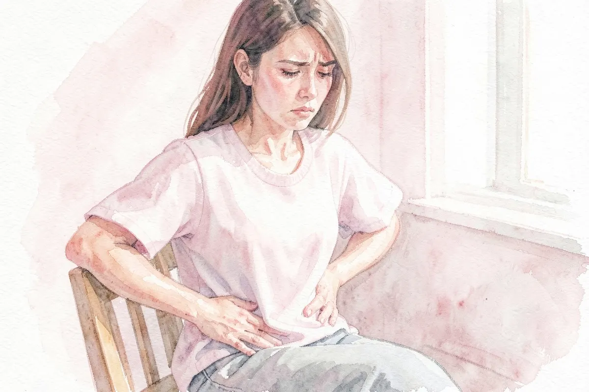 Mulher sentada em uma cadeira com expressão de dor e desconforto