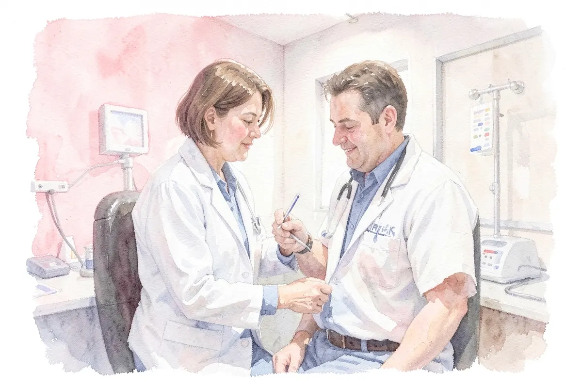 Médico examinando uma paciente em uma sala de consulta com equipamento médico ao fundo